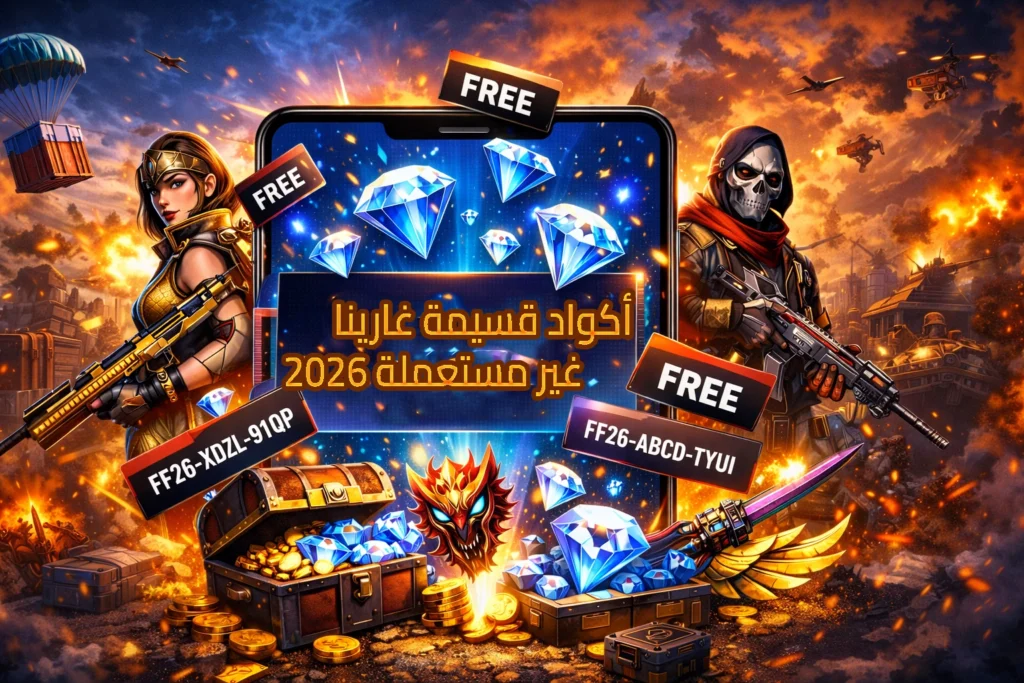 تصميم دعائي للعبة فري فاير يظهر هاتفًا في المنتصف محاطًا بألماس أزرق وصناديق كنوز وشخصيات قتالية مسلحة، مع عبارات تشير إلى أكواد مجانية وقسائم غارينا غير مستعملة لعام 2026 في أجواء حماسية مليئة بالانفجارات والنار.