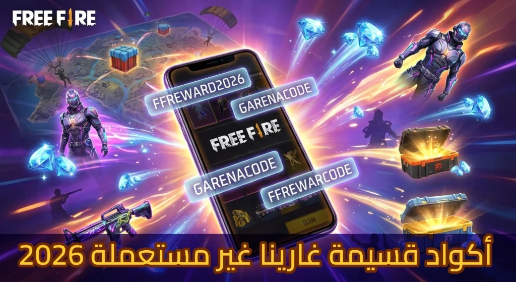 صورة ترويجية للعبة Free Fire تعرض هاتفًا ذكيًا يعرض شاشة اللعبة، تحيط به شخصيات مستقبلية وألماس متطاير وصناديق مكافآت، مع نص عربي يعلن عن أكواد قسيمة غارينا غير مستعملة 2026 وخلفية مليئة بالطاقة والحركة.