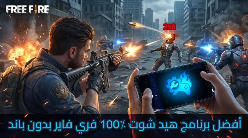 مشهد أكشن من لعبة فري فاير يظهر لاعبًا يصوّب بسلاحه نحو الأعداء في مدينة مدمّرة وسط انفجارات وتأثيرات قتالية، مع إصابة مباشرة في الرأس موضّحة برقم الضرر. في المقدمة يد تمسك بهاتف ذكي يعرض تطبيق Game Booster بأيقونة مضيئة، مع شعار Free Fire في الأعلى، وأجواء قتالية حماسية تعكس السرعة والدقة في اللعب.