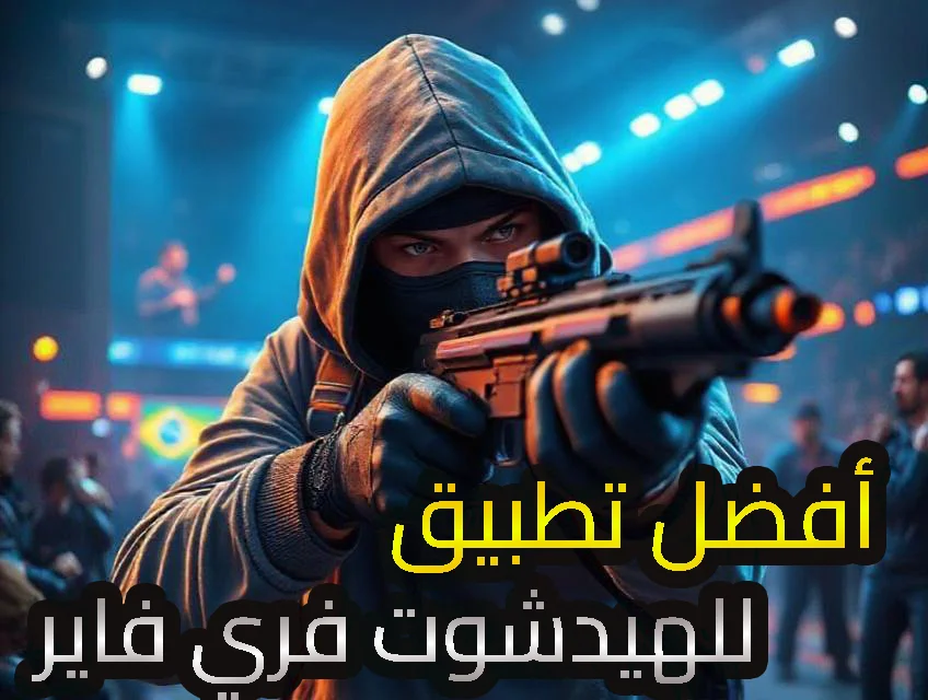 صورة ترويجية لتطبيق مخصص لتحسين دقة الهيدشوت في لعبة فري فاير، تُظهر شخصية أنيقة مقنّعة باللون الأبيض وخلفها لقطات من داخل اللعبة أثناء المواجهة، مع عبارات بالعربية توضح أن التطبيق هو الأفضل لهيد شوت فري فاير."