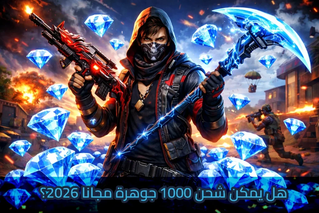 شخصية من لعبة تصويب بأسلوب يشبه Free Fire، ترتدي ملابس تكتيكية سوداء وحمراء مع غطاء رأس وقناع، تمسك سلاحًا ناريًا بتصميم تنين متوهج وسلاحًا آخر يشبه منجلًا أزرق مضيئًا بالطاقة. تحيط بها العديد من الألماس الأزرق اللامع في الهواء، بينما يظهر في الخلفية مشهد قتال داخل اللعبة مع انفجارات ولاعبين آخرين، ما يعطي إحساسًا بالحركة والإثارة والمنافسة، مع عنوان هل يمكن شحن 1000 جوهرة مجانا 2026؟