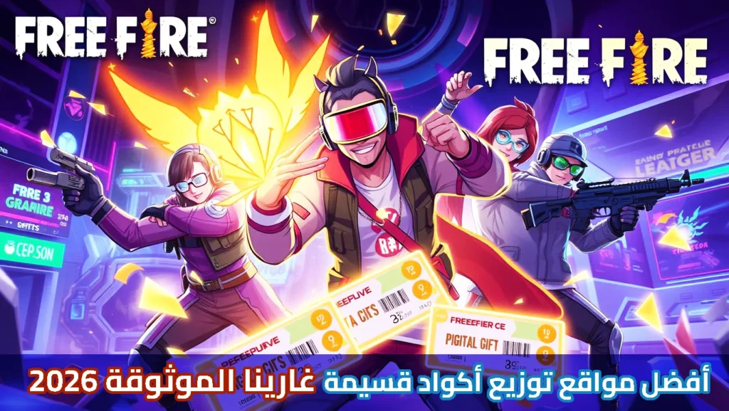 صورة توضيحية ديناميكية لمشهد Free Fire تظهر أربع شخصيات في المقدمة، اثنتان منهما تحملان أسلحة، وشخصية مركزية ترتدي نظارات مستقبلية وتلوح بيدها. تتطاير حولهم بطاقات هدايا رقمية مضيئة في بيئة ألعاب مستقبلية بإنارة نيون زاهية. يظهر شعار "FREE FIRE" في الزوايا العلوية. نص عربي في الأسفل يقول: "أفضل مواقع توزيع أكواد قسيمة غارينا الموثوقة 2026