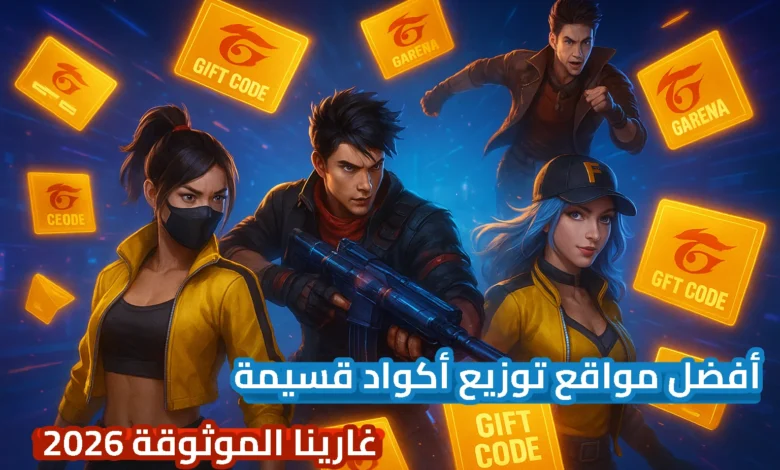 صورة توضيحية ديناميكية لمشهد Free Fire يضم أربع شخصيات شهيرة، اثنتان من النساء ترتديان سترات صفراء، ورجل بزي داكن يحمل بندقية، وآخر يقفز في الخلفية. تحيط بهم بطاقات "GIFT CODE" و"GARENA" صفراء مضيئة على خلفية زرقاء داكنة متوهجة. نص عربي في الأسفل يقول: "أفضل مواقع توزيع أكواد قسيمة غارينا الموثوقة 2026