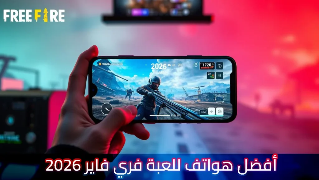 يد تمسك هاتفًا ذكيًا يعرض لعبة فري فاير في مشهد قتالي مكثف داخل ساحة معركة، مع واجهة تحكم واضحة ورسومات عالية الجودة، وخلفية مضيئة بتدرجات الأحمر والأزرق، وشعار Free Fire ونص عربي يشير إلى أفضل هواتف للعبة فري فاير 2026.