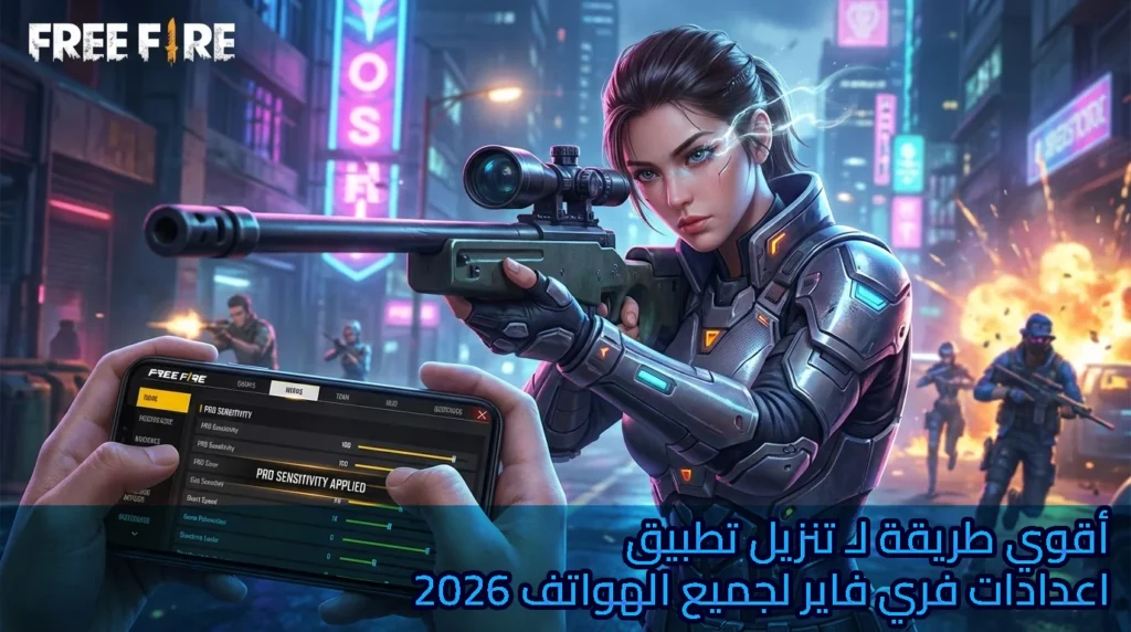 لاعبة فري فاير تستخدم بندقية قنص في مدينة مستقبلية مضاءة، بينما يظهر هاتف ذكي يعرض إعدادات حساسية احترافية تم تطبيقها أقوي طريقة لـ تنزيل تطبيق اعدادات فري فاير لجميع الهواتف 2026.