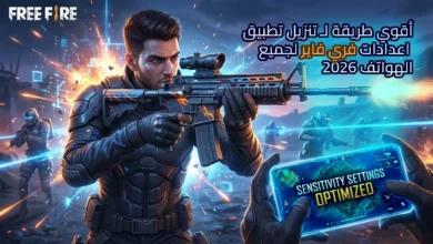 لاعب فري فاير محترف يحمل سلاحًا ويصوّب بدقة عالية داخل ساحة معركة مستقبلية، مع ظهور هاتف ذكي يعرض إعدادات الحساسية المحسنة لـ تنزيل تطبيق اعدادات فري فاير لجميع الهواتف 2026.