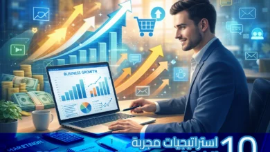 رجل أعمال أنيق يجلس أمام لابتوب يعرض لوحة تحكم بعنوان "Business Growth" تحتوي على مخططات وأعمدة بيانية صاعدة. خلفه وأسفل الصورة أسهم متجهة للأعلى وأيقونات تسويق وتجارة إلكترونية، مع رزم أموال وعملات ذهبية على المكتب، في أجواء مشرقة ومحفزة ترمز إلى النجاح وزيادة الأرباح. يظهر عنوان بالعربية: "10 استراتيجيات مجربة لزيادة المبيعات بنسبة 300% في 2026".