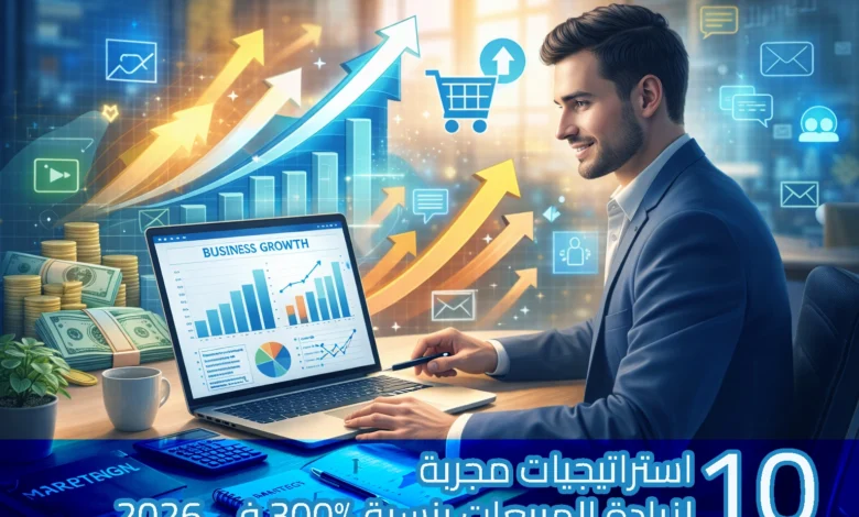 رجل أعمال أنيق يجلس أمام لابتوب يعرض لوحة تحكم بعنوان "Business Growth" تحتوي على مخططات وأعمدة بيانية صاعدة. خلفه وأسفل الصورة أسهم متجهة للأعلى وأيقونات تسويق وتجارة إلكترونية، مع رزم أموال وعملات ذهبية على المكتب، في أجواء مشرقة ومحفزة ترمز إلى النجاح وزيادة الأرباح. يظهر عنوان بالعربية: "10 استراتيجيات مجربة لزيادة المبيعات بنسبة 300% في 2026".
