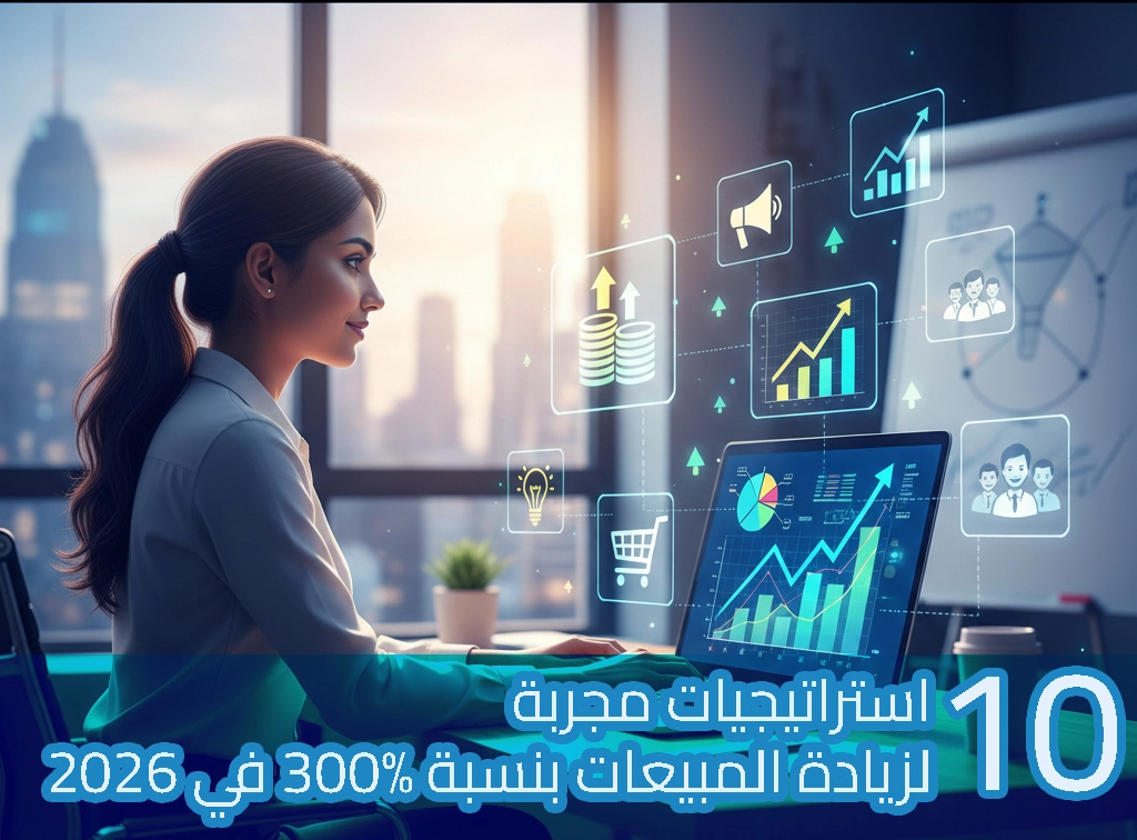 سيدة أعمال تجلس أمام لابتوب في مكتب عصري بإطلالة على المدينة، تعرض الشاشة رسومًا بيانية تصاعدية ومخططات ملونة تدل على نمو المبيعات. تحيط بها أيقونات رقمية عائمة مثل المال، عربة التسوق، مكبر الصوت، والمستخدمين، ترمز للتسويق والتفاعل مع العملاء. يظهر في أسفل الصورة عنوان: "10 استراتيجيات مجربة لزيادة المبيعات بنسبة 300% في 2026".