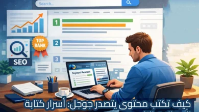 رسوم توضيحية (Illustration) لرجل يعمل على كمبيوتر محمول وأمامه شاشة ضخمة تعرض نتائج بحث جوجل وتصنيفات (Top Rank). تظهر رموز تدل على تحسين محركات البحث (SEO) وتحليل الكلمات المفتاحية (Keyword Research)، مع نص في الأسفل: "كيف تكتب محتوى يتصدر جوجل: أسرار كتابة المقالات الناجحة".