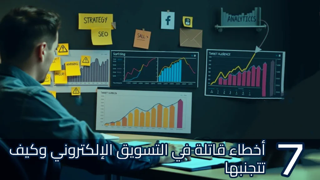 رجل يجلس أمام مكتب يعمل على حاسوب محمول بينما تعرض شاشة الحائط أمامه مخططات بيانية وتحليلات أداء وتسويق، مع ملاحظات لاصقة تحمل كلمات مثل SEO وStrategy وتحذيرات، ويتوسط الصورة عنوان عربي كبير: "أخطاء قاتلة في التسويق الإلكتروني وكيف تتجنبها" مع الرقم 7 بارز في الجانب.