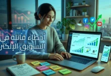 سيدة تعمل على حاسوب محمول في مكتب منزلي بإطلالة ليلية على المدينة، تظهر على الشاشة لوحات تحليلات وارتفاع في الأرباح والإحصائيات، مع أيقونات وسائل التواصل الاجتماعي وسهم أخضر صاعد يرمز للنمو، ويتصدر الصورة عنوان عربي: "أخطاء قاتلة في التسويق الإلكتروني".
