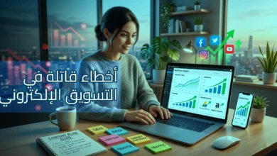 سيدة تعمل على حاسوب محمول في مكتب منزلي بإطلالة ليلية على المدينة، تظهر على الشاشة لوحات تحليلات وارتفاع في الأرباح والإحصائيات، مع أيقونات وسائل التواصل الاجتماعي وسهم أخضر صاعد يرمز للنمو، ويتصدر الصورة عنوان عربي: "أخطاء قاتلة في التسويق الإلكتروني".