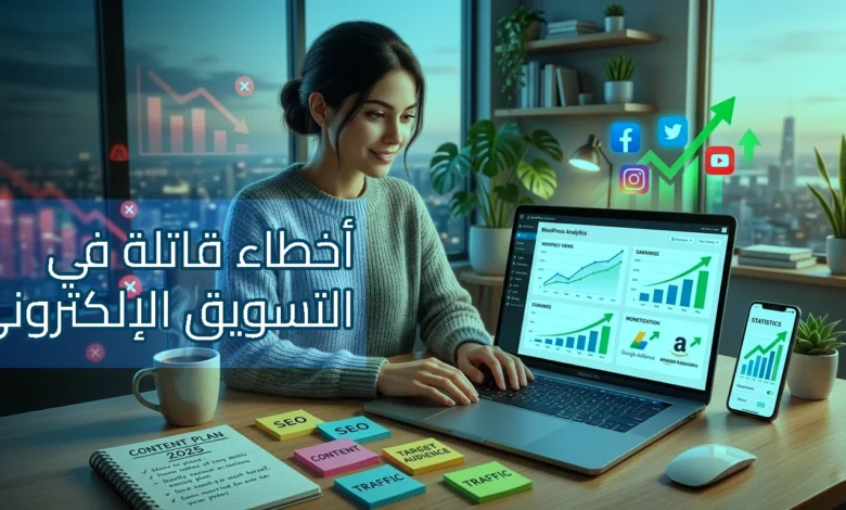 سيدة تعمل على حاسوب محمول في مكتب منزلي بإطلالة ليلية على المدينة، تظهر على الشاشة لوحات تحليلات وارتفاع في الأرباح والإحصائيات، مع أيقونات وسائل التواصل الاجتماعي وسهم أخضر صاعد يرمز للنمو، ويتصدر الصورة عنوان عربي: "أخطاء قاتلة في التسويق الإلكتروني".
