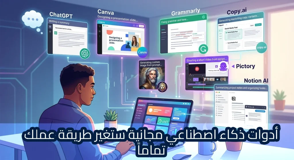 رسم توضيحي لرجل من الخلف يجلس أمام لابتوب ويعمل على مكتب. يحيط به لافتات مضيئة تمثل أدوات الذكاء الاصطناعي المختلفة: لافتة لـ ChatGPT بعنوان "كتابة ملخص"، ولافتة لـ Canva بعنوان "تصميم شريحة عرض تقديمية"، ولافتة لـ Grammarly بعنوان "إصلاح القواعد والنبرة"، ولافتة لـ Copy.ai بعنوان "إنشاء متغيرات نسخة تسويقية"، ومركز القيادة بعنوان "الذكاء الاصطناعي Leonardo تخليق الصور"، ولافتة لـ Pictory بعنوان "إنشاء فيديو قصير من نص"، ولافتة لـ Notion AI بعنوان "ملخص ملاحظات المشروع وتنظيم المهام". تظهر في أسفل الصورة عبارة باللغة العربية: "أدوات ذكاء اصطناعي مجانية ستغير طريقة عملك تماماً".