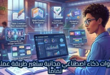 رسم توضيحي لامرأة من الجانب الأيمن تجلس أمام لابتوب بعنوان "مركز القيادة" وتعمل على مكتب. يحيط بها لافتات مضيئة تمثل وظائف مختلفة للذكاء الاصطناعي: لافتة بعنوان "إنشاء النص توليد النص"، ولافتة بعنوان "مبتكر ومصمم الشرائح"، ولافتة بعنوان "مصحح المحتوى"، ولافتة بعنوان "التسويق Copy.ai"، ولافتة بعنوان "الذكاء الاصطناعي Leonardo تخليق الصور"، ولافتة بعنوان "منظم مهام المشروع"، ولافتة بعنوان "مبتكر مشهد الفيديو". تظهر في أسفل الصورة عبارة باللغة العربية: "أدوات ذكاء اصطناعي مجانية ستغير طريقة عملك تماماً".