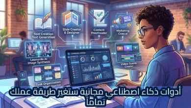 رسم توضيحي لامرأة من الجانب الأيمن تجلس أمام لابتوب بعنوان "مركز القيادة" وتعمل على مكتب. يحيط بها لافتات مضيئة تمثل وظائف مختلفة للذكاء الاصطناعي: لافتة بعنوان "إنشاء النص توليد النص"، ولافتة بعنوان "مبتكر ومصمم الشرائح"، ولافتة بعنوان "مصحح المحتوى"، ولافتة بعنوان "التسويق Copy.ai"، ولافتة بعنوان "الذكاء الاصطناعي Leonardo تخليق الصور"، ولافتة بعنوان "منظم مهام المشروع"، ولافتة بعنوان "مبتكر مشهد الفيديو". تظهر في أسفل الصورة عبارة باللغة العربية: "أدوات ذكاء اصطناعي مجانية ستغير طريقة عملك تماماً".