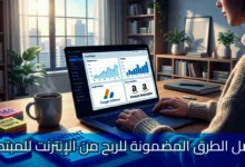 سيدة تعمل على لابتوب يعرض Google AdSense وAmazon Associates وإحصائيات الأرباح داخل مكتب حديث بإطلالة مدينة، مع عنوان أفضل الطرق المضمونة للربح من الإنترنت للمبتدئين.