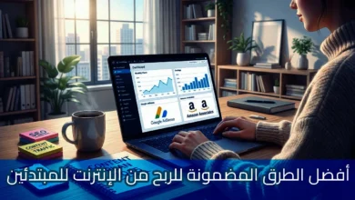 سيدة تعمل على لابتوب يعرض Google AdSense وAmazon Associates وإحصائيات الأرباح داخل مكتب حديث بإطلالة مدينة، مع عنوان أفضل الطرق المضمونة للربح من الإنترنت للمبتدئين.