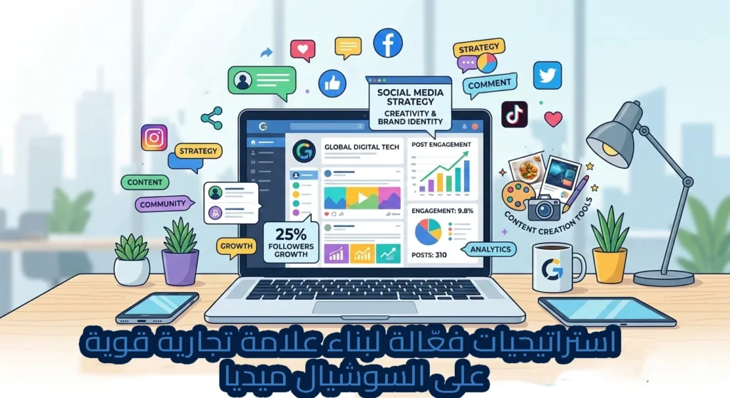 حاسوب محمول على مكتب عصري يعرض لوحة تحكم لإدارة وسائل التواصل الاجتماعي تتضمن إحصائيات التفاعل ونمو المتابعين ومخططات تحليل الأداء، وتحيط به أيقونات فيسبوك وإنستغرام وتويتر وتيك توك وفقاعات تشير إلى الاستراتيجية والمحتوى والمجتمع والنمو، مع أدوات صناعة المحتوى مثل كاميرا ولوحة ألوان، ويتصدر الصورة عنوان عربي: "استراتيجيات فعّالة لبناء علامة تجارية قوية على السوشيال ميديا".
