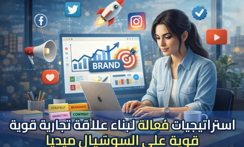 سيدة تعمل على حاسوب محمول في مكتب عصري بإطلالة ليلية على المدينة، تظهر خلفها شاشة تعرض مخطط نمو وكلمة "BRAND" مع هدف وسهم صاعد، وتحيط بها أيقونات وسائل التواصل الاجتماعي مثل فيسبوك وإنستغرام وتويتر ويوتيوب، إضافة إلى رموز التسويق كالميكروفون والإعجابات، ويتصدر التصميم عنوان عربي: "استراتيجيات فعّالة لبناء علامة تجارية قوية على السوشيال ميديا".