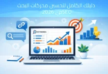 حاسوب حوله خلفية زرقاء فاتح وجملة دليلك الكامل لتحسين محركات البحث SEO في 2026 باللون الابيض