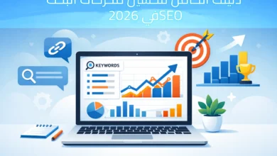 حاسوب حوله خلفية زرقاء فاتح وجملة دليلك الكامل لتحسين محركات البحث SEO في 2026 باللون الابيض