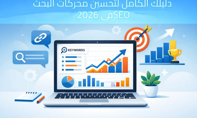 حاسوب حوله خلفية زرقاء فاتح وجملة دليلك الكامل لتحسين محركات البحث SEO في 2026 باللون الابيض