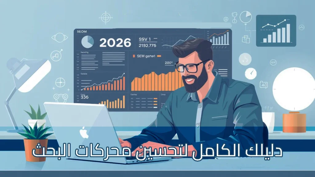 رجل يجلس أمام شاشة كبيرة مليئة بالرسوم البيانية ومؤشرات الأداء في بيئة عمل مظلمة نسبيًا، مع ملاحظات لاصقة تتعلق بالاستراتيجية وSEO وتحذيرات من أخطاء، ويتصدر التصميم عنوان عربي بارز يتحدث عن أخطاء قاتلة في التسويق الإلكتروني وكيفية تجنبها، مع رقم 7 ظاهر في الزاوية.