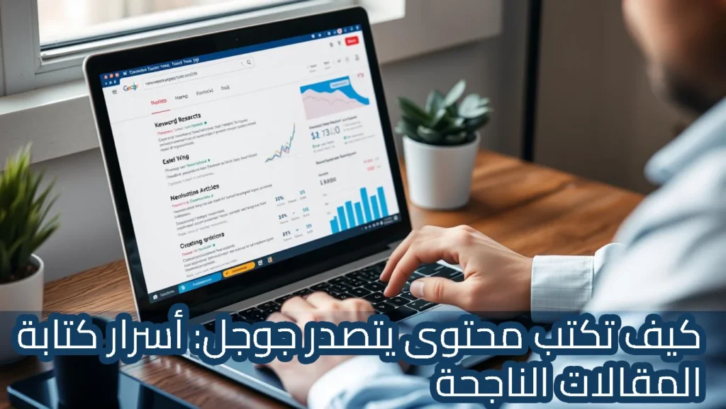 لقطة قريبة لشخص يستخدم كمبيوتر محمول (Laptop) يعرض واجهة تحليل بيانات ومواقع إلكترونية، مع وجود نباتات مكتبية صغيرة بجانبه. يظهر في أسفل الصورة نص بالعربية: "كيف تكتب محتوى يتصدر جوجل: أسرار كتابة المقالات الناجحة".