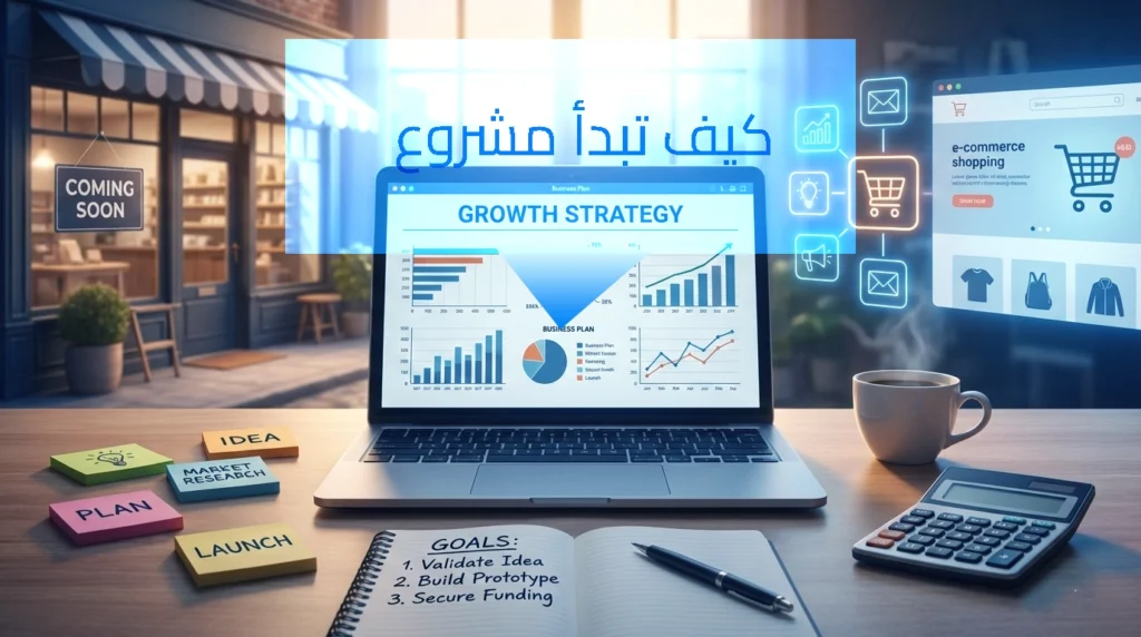 مشهد مكتب أمام متجر يحمل لافتة "Coming Soon"، يتوسطه لابتوب يعرض لوحة "Growth Strategy" مع رسوم بيانية متنوعة. بجانبه دفتر مفتوح مكتوب فيه أهداف المشروع: التحقق من الفكرة، بناء نموذج أولي، وتأمين التمويل، مع آلة حاسبة وكوب قهوة وملاحظات لاصقة تحمل كلمات مثل فكرة، بحث السوق، خطة، إطلاق. يظهر أعلى الصورة عنوان بالعربية: "كيف تبدأ مشروع" 