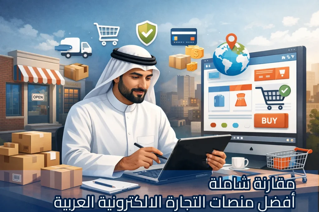رجل بالزي الخليجي يستخدم جهازًا لوحيًا داخل مكتب تحيط به صناديق شحن ومتجر فعلي في الخلفية، وأمامَه شاشة تعرض واجهة متجر إلكتروني مع زر شراء وعربة تسوق، إضافة إلى رموز الشحن والدفع الآمن وخريطة عالمية، مع عنوان عربي يشير إلى مقارنة شاملة لأفضل منصات التجارة الإلكترونية العربية.
