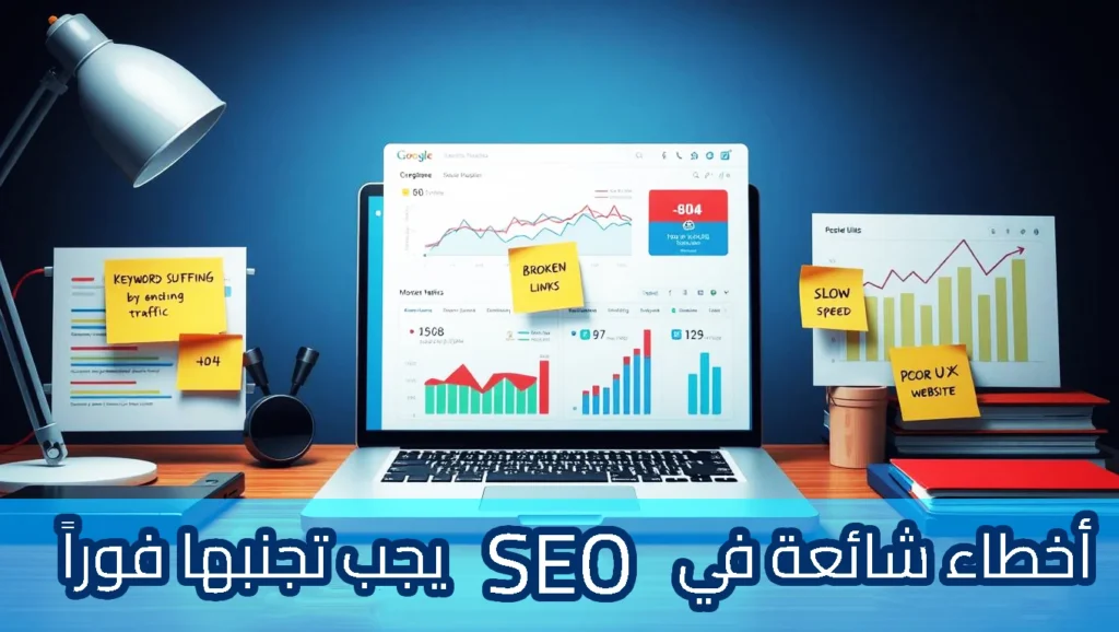 مشهد ليلي لمكتب عمل يركز على SEO. في المقدمة، كمبيوتر محمول مفتوح يعرض لوحة تحكم SEO بها رسوم بيانية ومقاييس سرعة وأخطاء "404". على المكتب، ثلاث ملاحظات لاصقة مكتوب عليها "Keyword Stuffing" و "Broken Links" و "Slow Website". في الخلفية، شاشة تلفزيون كبيرة تعرض واجهة بحث Google مع موقع مميز بإطار أحمر يسمى "Your Website". نافذة تطل على مدينة ليلية. شريط أزرق سفلي بنص عربي كبير: "أخطاء شائعة في SEO يجب تجنبها فورًا".