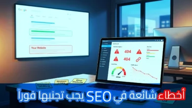 لقطة استوديو مرتبة ومضاءة جيدًا لمكتب عمل SEO. كمبيوتر محمول مفتوح في المركز يعرض لوحة تحكم SEO مفصلة بها رسوم بيانية ومقاييس، مع ملاحظة لاصقة "BROKEN LINKS" مثبتة في منتصف الشاشة. إلى اليسار، رسم بياني مطبوع وملاحظة لاصقة مكتوب عليها "KEYWORD STUFFING by ending traffic (+104)" ومصباح مكتب فضي. إلى اليمين، رسم بياني آخر، ملاحظة لاصقة "SLOW SPEED"، وكتب مع ملاحظة لاصقة "POOR UX WEBSITE". الخلفية جدار أزرق. شريط أزرق فاتح سفلي بنص عربي كبير: "أخطاء شائعة في SEO يجب تجنبها فورًا".