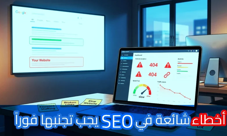 لقطة استوديو مرتبة ومضاءة جيدًا لمكتب عمل SEO. كمبيوتر محمول مفتوح في المركز يعرض لوحة تحكم SEO مفصلة بها رسوم بيانية ومقاييس، مع ملاحظة لاصقة "BROKEN LINKS" مثبتة في منتصف الشاشة. إلى اليسار، رسم بياني مطبوع وملاحظة لاصقة مكتوب عليها "KEYWORD STUFFING by ending traffic (+104)" ومصباح مكتب فضي. إلى اليمين، رسم بياني آخر، ملاحظة لاصقة "SLOW SPEED"، وكتب مع ملاحظة لاصقة "POOR UX WEBSITE". الخلفية جدار أزرق. شريط أزرق فاتح سفلي بنص عربي كبير: "أخطاء شائعة في SEO يجب تجنبها فورًا".