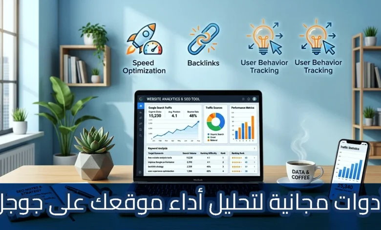 رسم توضيحي لكاتبة محتوى تعمل على حاسوبها المحمول لصياغة مقال منظم بعناوين (H1, H2) حول أدوات الإنتاجية. تظهر خلفها شاشات كبيرة تعرض لوحات تحكم لأداء الموقع وحركة الزوار لعام 2026. يوجد على المكتب كوب قهوة كُتب عليه "وقود كاتب السيو". يتضمن التصميم نصاً سفلياً: "طريقة كتابة محتوى متوافق مع SEO في 2026 – دليل شامل".