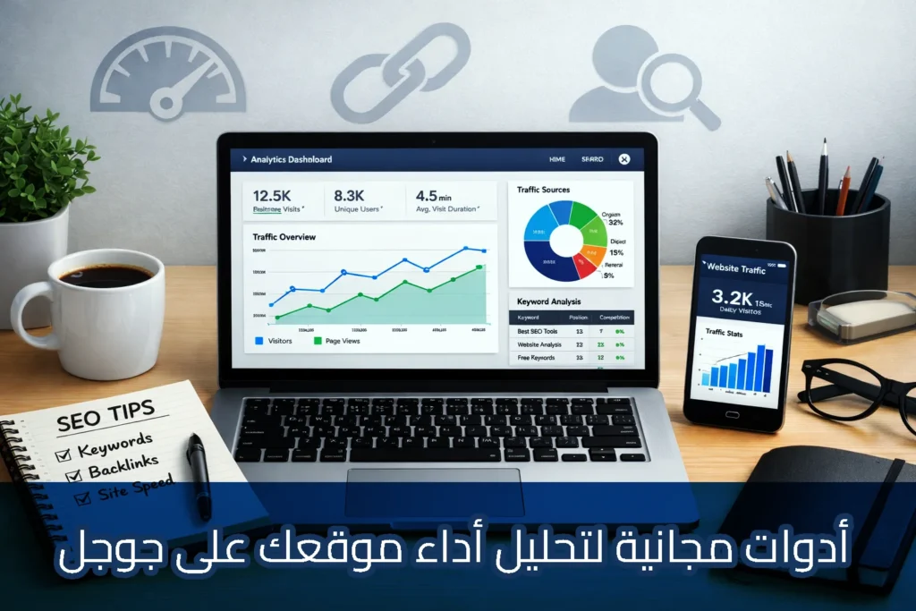 لقطة قريبة لشخص يكتب على لوحة مفاتيح حاسوب محمول يظهر عليه عنوان "استراتيجية محتوى SEO لعام 2026" مع نقاط توضح تحسين المحتوى والكلمات المفتاحية. يحيط بالجهاز دفتر ملاحظات مكتوب عليه "أهداف السيو"، ونظارة، وفنجان قهوة، مع خلفية رقمية لرسوم بيانية زرقاء. يوجد في الأسفل نص عربي: "طريقة كتابة محتوى متوافق مع SEO في 2026"