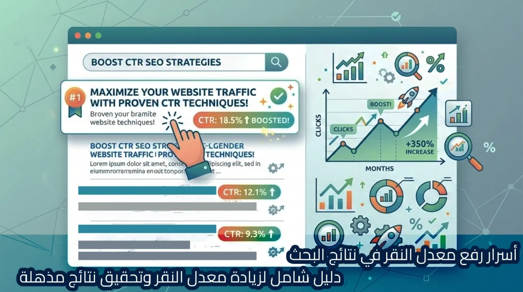 رسم رقمي لواجهة نتائج بحث بعنوان Boost CTR SEO Strategies يظهر نتيجة مميزة بنسبة CTR 18.5% مع سهم صاعد، ومخططات توضح زيادة النقرات حتى 350%، إضافة إلى رسوم بيانية دائرية وخطية وأيقونات تحليل وأدوات تحسين، مع عنوان عربي يشير إلى أسرار رفع معدل النقر في نتائج البحث.