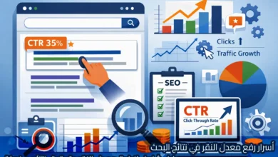تصميم توضيحي يعرض واجهة نتائج بحث مع إبراز نسبة CTR 35% ومؤشرات نمو في النقرات وزيارات الموقع، إلى جانب مخططات بيانية صاعدة، قائمة تدقيق SEO، وعدسة مكبرة ترمز لتحسين محركات البحث، مع عنوان عربي: "أسرار رفع معدل النقر في نتائج البحث – دليل شامل لزيادة معدل النقر وتحقيق نتائج مذهلة".