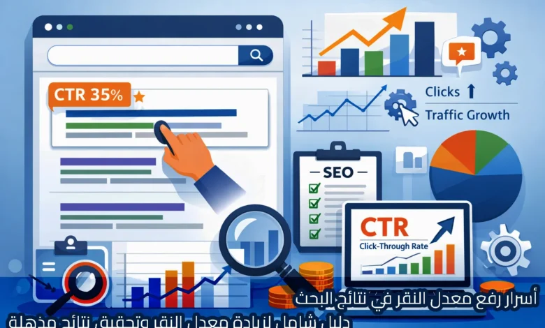 تصميم توضيحي يعرض واجهة نتائج بحث مع إبراز نسبة CTR 35% ومؤشرات نمو في النقرات وزيارات الموقع، إلى جانب مخططات بيانية صاعدة، قائمة تدقيق SEO، وعدسة مكبرة ترمز لتحسين محركات البحث، مع عنوان عربي: "أسرار رفع معدل النقر في نتائج البحث – دليل شامل لزيادة معدل النقر وتحقيق نتائج مذهلة".