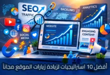 رسم توضيحي يعرض شاشة كبيرة بعنوان نمو زيارات الموقع مع مخطط بياني صاعد، تحيط بها عناصر التسويق الرقمي مثل نتائج SEO، التحليلات، التسويق بالفيديو، الروابط الخلفية، ومقالات المدونة، مع أشخاص يتجهون نحو الشاشة في إشارة إلى زيادة الترافيك