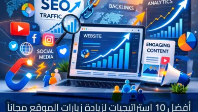 رسم توضيحي يعرض شاشة كبيرة بعنوان نمو زيارات الموقع مع مخطط بياني صاعد، تحيط بها عناصر التسويق الرقمي مثل نتائج SEO، التحليلات، التسويق بالفيديو، الروابط الخلفية، ومقالات المدونة، مع أشخاص يتجهون نحو الشاشة في إشارة إلى زيادة الترافيك