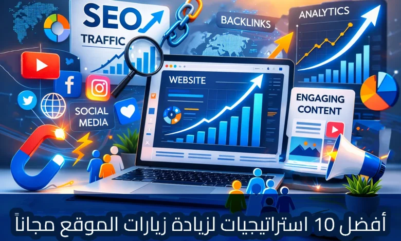 رسم توضيحي يعرض شاشة كبيرة بعنوان نمو زيارات الموقع مع مخطط بياني صاعد، تحيط بها عناصر التسويق الرقمي مثل نتائج SEO، التحليلات، التسويق بالفيديو، الروابط الخلفية، ومقالات المدونة، مع أشخاص يتجهون نحو الشاشة في إشارة إلى زيادة الترافيك