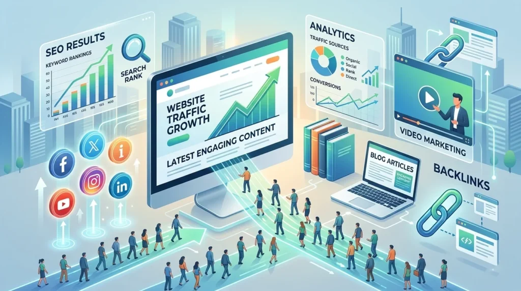 مشهد تسويقي احترافي يظهر حاسوبًا محمولًا يعرض لوحة تحكم موقع إلكتروني مع رسم بياني متزايد، وحوله أيقونات السوشيال ميديا، وSEO، والروابط الخلفية، والتحليلات، ومحتوى جذاب، مع عنوان عربي بارز: "أفضل 10 استراتيجيات لزيادة زيارات الموقع مجاناً"