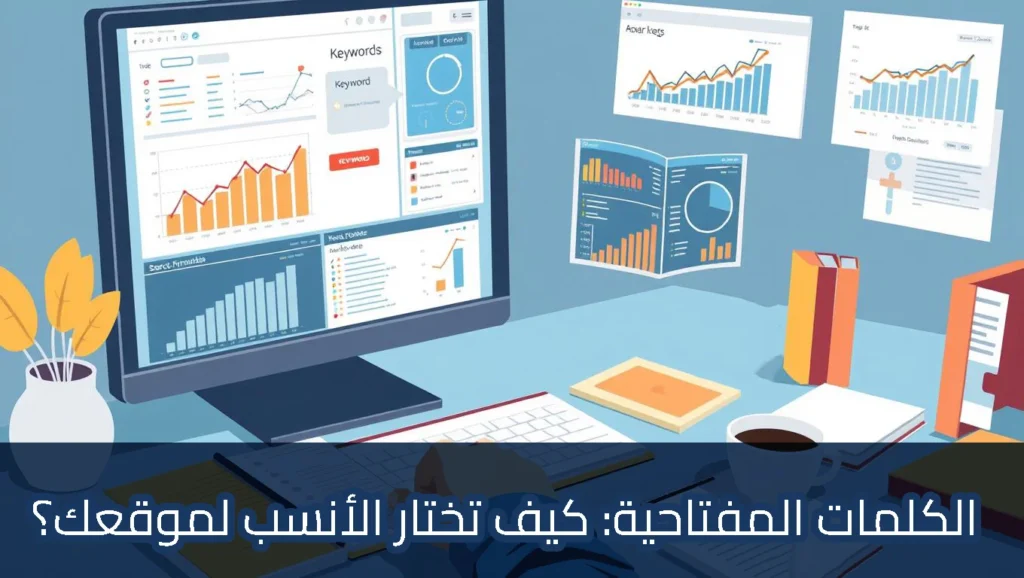 رسم توضيحي لمكتب حديث به شاشة كمبيوتر كبيرة تعرض لوحة معلومات لتحليلات المواقع مع مخططات بيانية متعددة. تتضمن لوحة المعلومات مخططًا خطيًا للأداء بمرور الوقت، ومخططًا شريطيًا لحركة المرور، ورسومات دائرية، وخرائط. هناك أيضًا مستندات إضافية تعرض مخططات ومخططات بيانية أخرى على المكتب وعلى الحائط. في المقدمة، يوجد مستخدم يكتب على لوحة مفاتيح مع فنجان قهوة ومستندات وكتب. تظهر في أسفل الصورة عبارة باللغة العربية: "الكلمات المفتاحية: كيف تختار الأنسب لموقعك؟".
