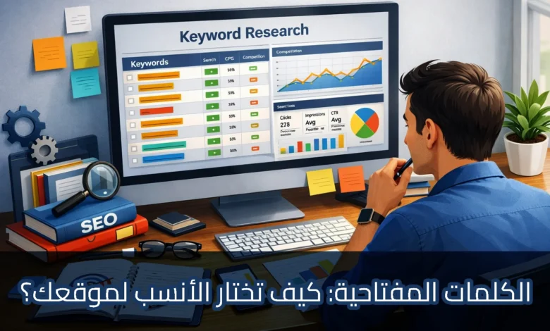 رسم توضيحي لرجل يجلس أمام شاشة حاسوب كبيرة تعرض لوحة تحكم بعنوان "Keyword Research" تحتوي على قائمة كلمات مفتاحية، معدلات البحث، نسبة المنافسة، ومخططات بيانية للنقرات والانطباعات وCTR، وعلى المكتب كتب تحمل عنوان SEO وعدسة مكبرة وأوراق ملاحظات، مع عنوان عربي بارز أسفل الصورة: "الكلمات المفتاحية: كيف تختار الأنسب لموقعك؟".