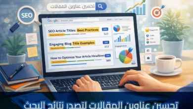 لقطة قريبة واقعية من منظور الشخص الأول تظهر يدي شخص يكتب على لوحة مفاتيح كمبيوتر محمول في بيئة مكتبية مضاءة. شاشة الكمبيوتر المحمول تعرض واجهة بحث جوجل مخصصة مع عناوين مقالات SEO مميزة وإحصائيات مفصلة مثل عدد الكلمات ونسب النقر إلى الظهور. يظهر حقل بحث جوجل النص العربي "تحسين عناوين المقالات". على المكتب توجد عدسة مكبرة عليها شعار "SEO" ودفتر ملاحظات وقلم وكوب قهوة. في الخلفية، نافذة كبيرة تطل على أفق مدينة في وقت الغروب مع نباتات مكتبية ضبابية. يوجد شريط أزرق داكن في الجزء السفلي من الصورة يحتوي على نص باللغة العربية: "تحسين عناوين المقالات لتصدر نتائج البحث".