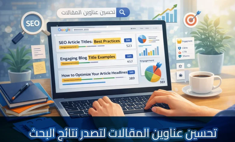 لقطة قريبة واقعية من منظور الشخص الأول تظهر يدي شخص يكتب على لوحة مفاتيح كمبيوتر محمول في بيئة مكتبية مضاءة. شاشة الكمبيوتر المحمول تعرض واجهة بحث جوجل مخصصة مع عناوين مقالات SEO مميزة وإحصائيات مفصلة مثل عدد الكلمات ونسب النقر إلى الظهور. يظهر حقل بحث جوجل النص العربي "تحسين عناوين المقالات". على المكتب توجد عدسة مكبرة عليها شعار "SEO" ودفتر ملاحظات وقلم وكوب قهوة. في الخلفية، نافذة كبيرة تطل على أفق مدينة في وقت الغروب مع نباتات مكتبية ضبابية. يوجد شريط أزرق داكن في الجزء السفلي من الصورة يحتوي على نص باللغة العربية: "تحسين عناوين المقالات لتصدر نتائج البحث".