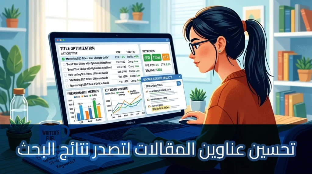 رسم توضيحي رقمي لامرأة تجلس على مكتب مضاء، ترتدي نظارات وشعرها في شكل ذيل حصان، وتعمل على كمبيوتر محمول يعرض لوحة تحكم مفصلة لتحسين عناوين المقالات (SEO). الشاشة مليئة بالبيانات الإحصائية والرسوم البيانية والمخططات، مثل "TITLE OPTIMIZATION" (تحسين العنوان) و "PERFORMANCE METRICS" (مقاييس الأداء) و "GOOGLE SEARCH RESULTS" (نتائج بحث جوجل). يظهر على المكتب كوب قهوة يحمل عبارة "WRITER'S FUEL" ونباتات منزلية ودفتر ملاحظات مفتوح به ملاحظات مكتوبة بخط اليد حول "كلمات القوة" و "الطول الأمثل" و "الكلمات الرئيسية". يوجد شريط أزرق داكن في الجزء السفلي من الصورة يحتوي على نص باللغة العربية: "تحسين عناوين المقالات لتصدر نتائج البحث".