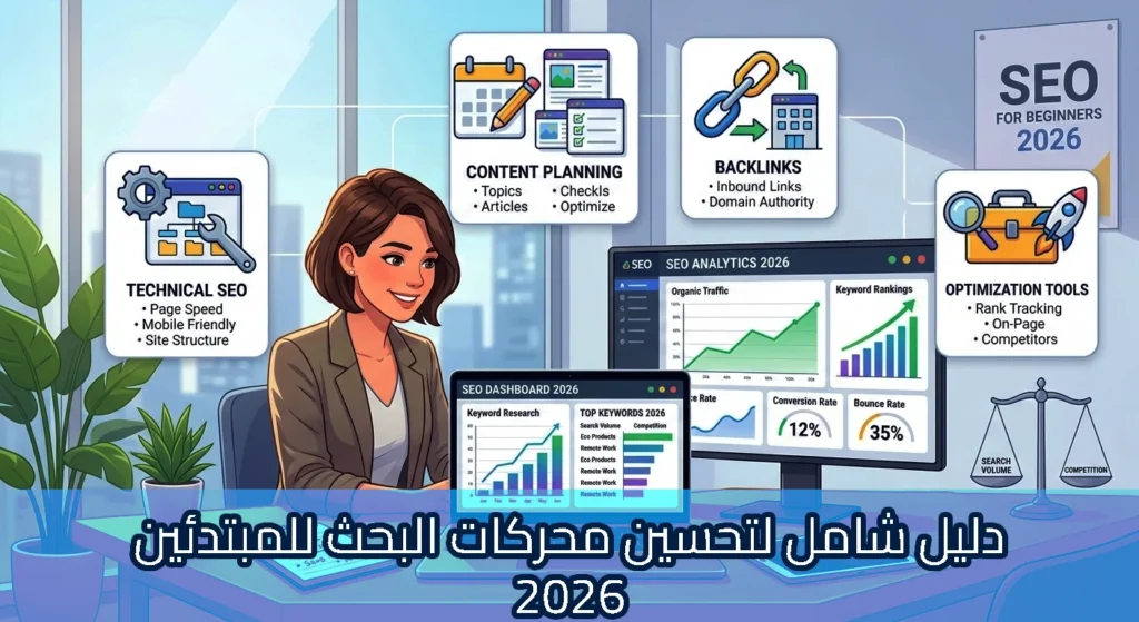 رسم توضيحي لخبيرة سيو تعمل على مكتب أمام شاشات تعرض لوحة تحكم SEO 2026 مع مخططات نمو الزيارات وترتيب الكلمات المفتاحية ونسبة التحويل ومعدل الارتداد، وحولها عناصر تشرح تحسين محركات البحث مثل السيو التقني، تخطيط المحتوى، الروابط الخلفية، وأدوات التحسين، مع عنوان: دليل شامل لتحسين محركات البحث للمبتدئين 2026.